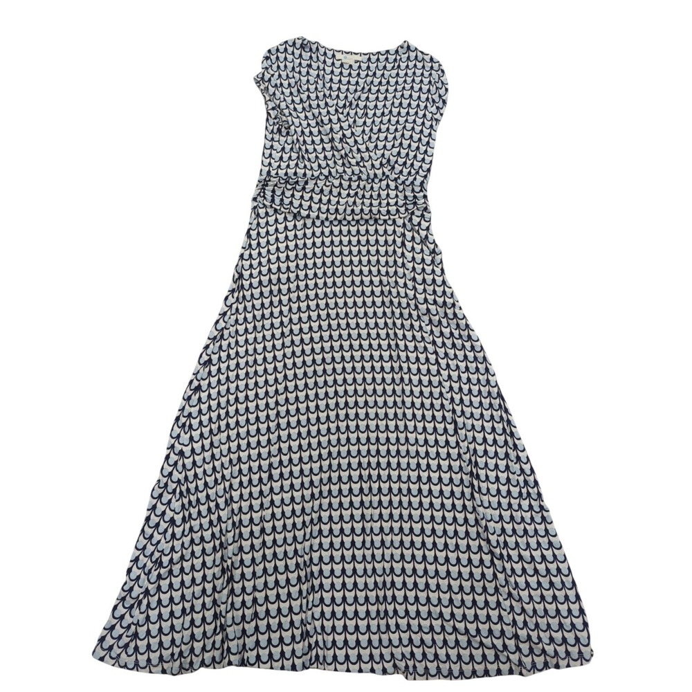 Boden Maxi Dress 10R Blue Cream Geometric Viscose Faux Wrap Coastal Retro Modest